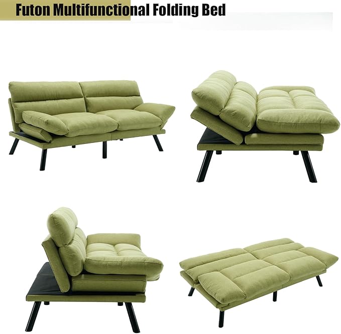 70Modern Linen Convertible Folding Futon Couch Sofa Bed Adjustable Pillow Top Arm Memory Foam Couch Double Loveseat Sofa for Compact Living SpaceDormGame StudioApartmentBedroom (Green)
