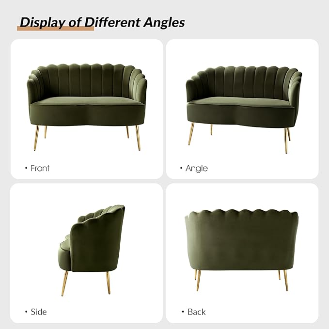 Velvet Upholstered Loveseat Sofa with Gold Metal Legs Modern Comfy Small Love Seat with Flower Shaped Back 2-Seater Sofa Accent Couch for Living Bedroom Leisure Areas Moss