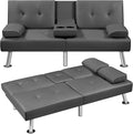 Convertible Futon Sofa BedPU Leather Modern Couch Loveseat Sleeper Folding Daybed Guest Bed Removable Armrests 2 Cup Holders Metal Legs (Gray)