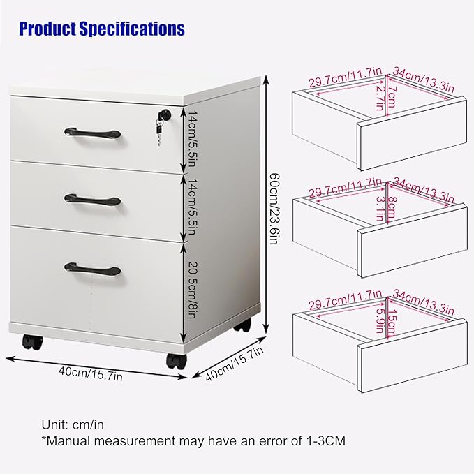 3-Drawer File Cabinet Mobile Filing Cabinet with Lock Under Desk File Organizer for Home Office Fits Letter/Legal/A4 Files Under Desk Fully Assembled Except Casters(Black+White)