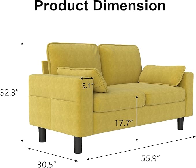 kinbor Small Couches for Small Spaces - Set of 2 Modern Loveseat Sofa with Magazine Pockets &amp Detachable Cover Durable Foam Couch for Living Room Office Salon Mustard Yellow