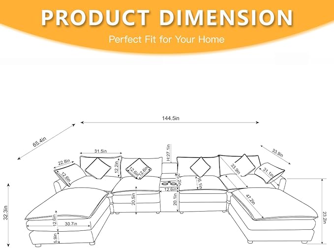 Modular Sectional Sofa 144'' U Shaped Cloud Couch Upholstered Sofa Set with Storage Console &amp Cupholders &amp USB Port Comfy Recliner Sleeper Sofa Furniture with Ottoman for LivingRoom Beige