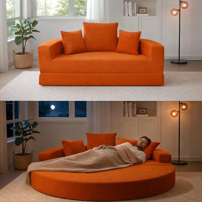 Convertible Round Sofa Bed 67 Corduroy Upholstered Loveseat Sleeper Couch Pull-Out Floor Bed with 3 Pillows No Assembly 550 lbs Weight Capacity (Orange)