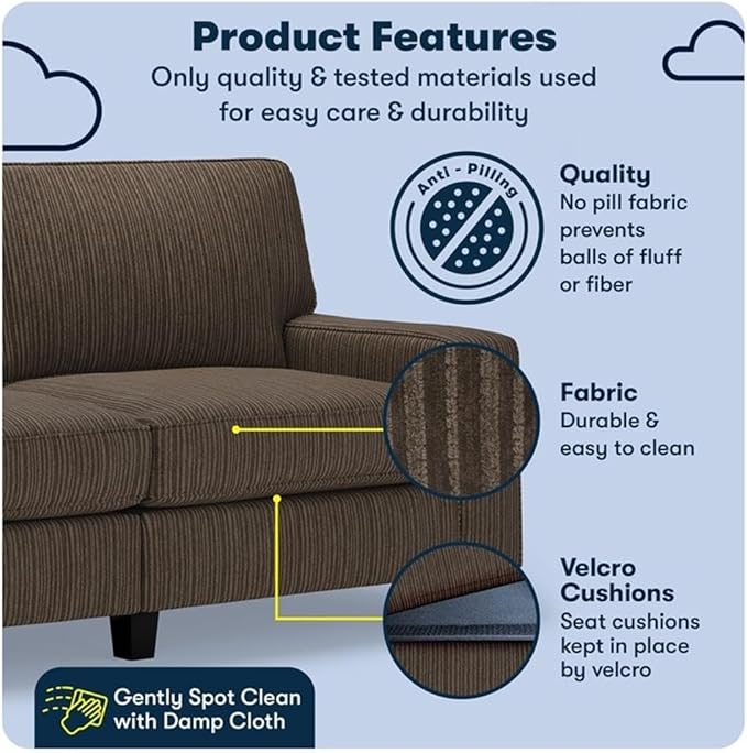 Pemberly Row Modern 73 Track Arm Sofa Removable Covers Brown Polyester Upholstery Space-Saving Design Solid Wood Frame Comfortable Seating for Living Room Home Office or Small Apartments
