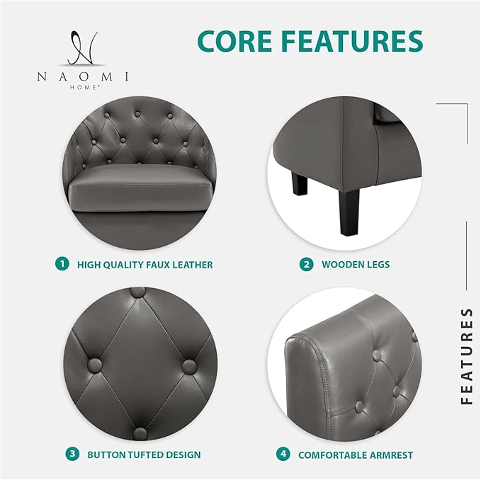 Naomi Home Emma Faux Leather Armchair Set of 2 Modern Tufted Barrel Accent Chairs with Wooden Legs Wide Seat &amp Supportive Back for Living Room Bedroom or Office – Gray