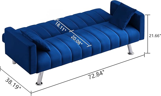 AWQM Sofa Bed Upholstered Convertible Folding Sofa Bed with 2 Pillows Sturdy Sleeper Couch with Wooden Frame and Metal Legs Comfortable Velvet Sofa Suitable for Living Room Bedroom Office (Blue)