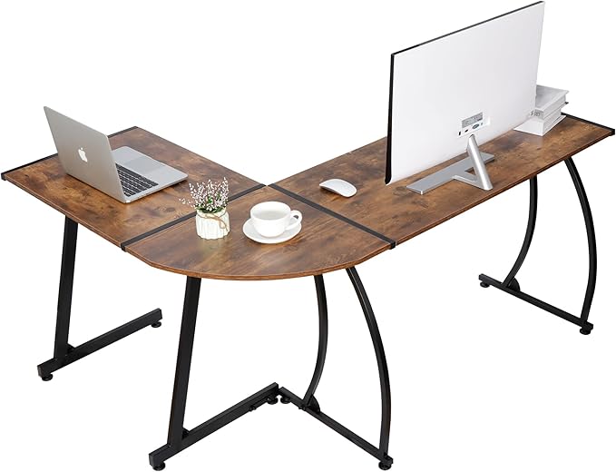SUPER DEAL L-Shaped Corner Desk Computer Gaming Desk - 58 Inch Modern Home PC Table Office Writing Workstation Rustic Brown