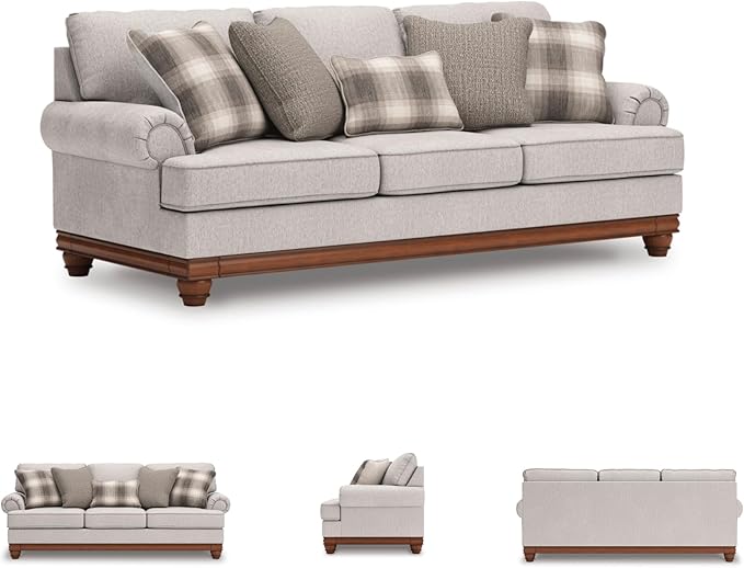Signature Design by Ashley Meadowview Classic Upholstered Sofa with Reversible Seat Cushions 5 Accent Pillows and Rolled Armrest Light Gray