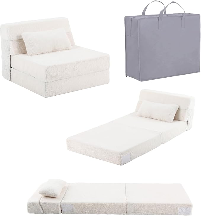 Tiita Convertible Folding Kids Sofa Bed with Pillow &amp Storage Bag Plush Fabric Floor Mattress Couch Bed Washable Cover Kids Room Playroom Dorm Apartment Beige