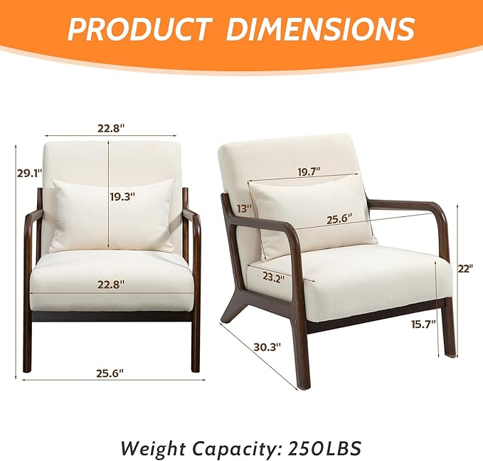 Modern Accent Chair Cotton Linen Fabric Upholstered Lounge Armchair with Solid Wood Frame for Living Room Bedroom Reading Nook (White-Dark Brown armrest)