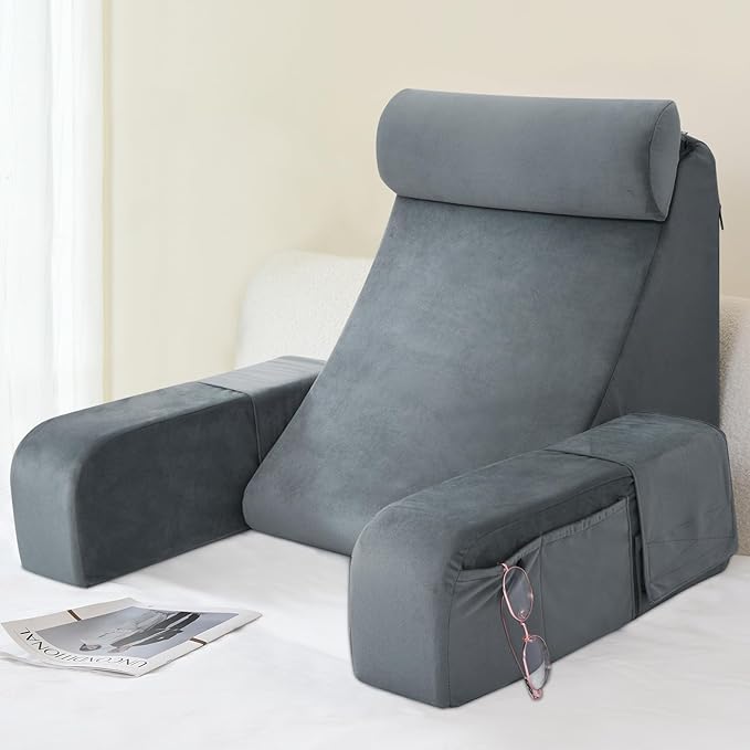 ENITYA Reading Pillow for Sitting in Bed Adult 19 Back Support Pillow for Bed Sitting up Backrest Cushion for RecliningGamingRestingWatching TV in Couch or Floor Wedge with Arms Medium(Grey)