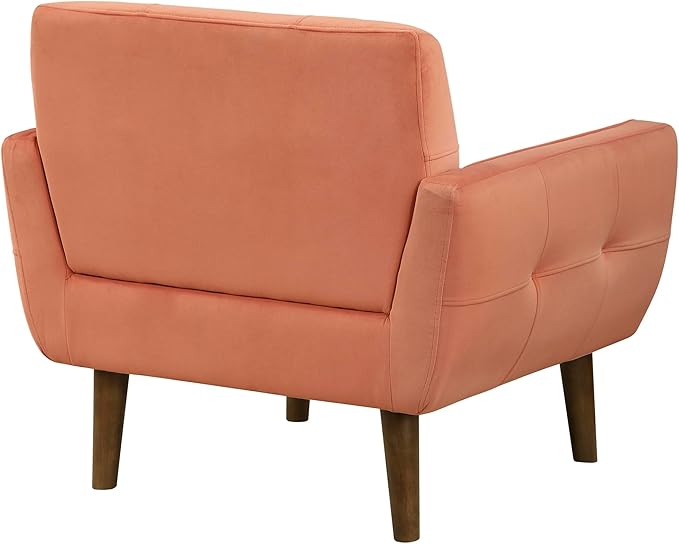Lexicon Mid Century Modern Accent Chair with Dark Brown Solid Wood Leg Velvet Upholstered Living Room Chair Lounge Arm Chair Tufted Detail Single Sofa Chair Comfortable Reading Chair Orange