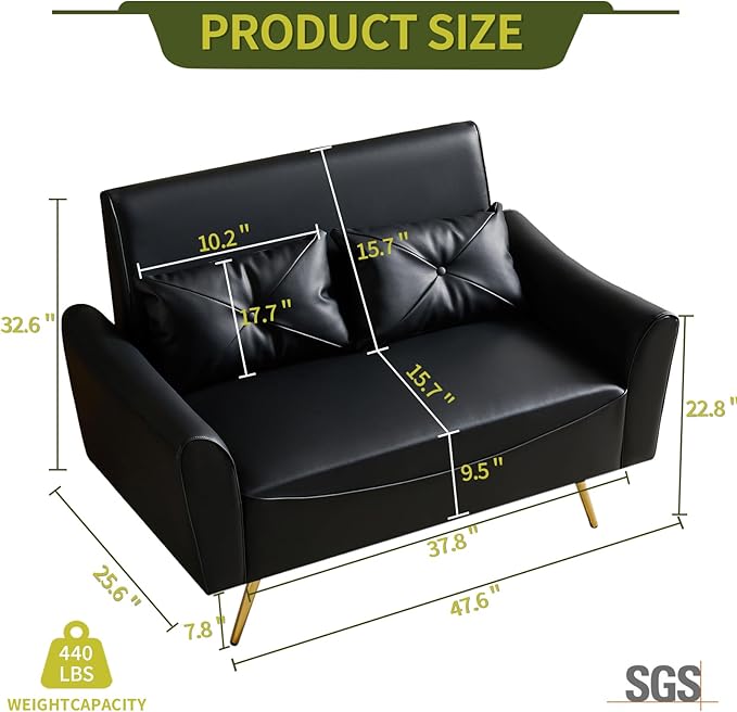 Brelice 48 Faux Leather Loveseat Sofa Modern Small Couch for Small Space with 2 Pillows 2 Seater Couch for Living Room Bedroom Office Apartment (Black)
