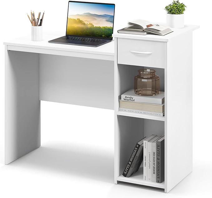 Tangkula White Desk with Drawer Modern Computer Desk with Adjustable Shelf &amp Cable Hole Compact Writing Study Desk Wooden Computer Workstation for Home or Office White