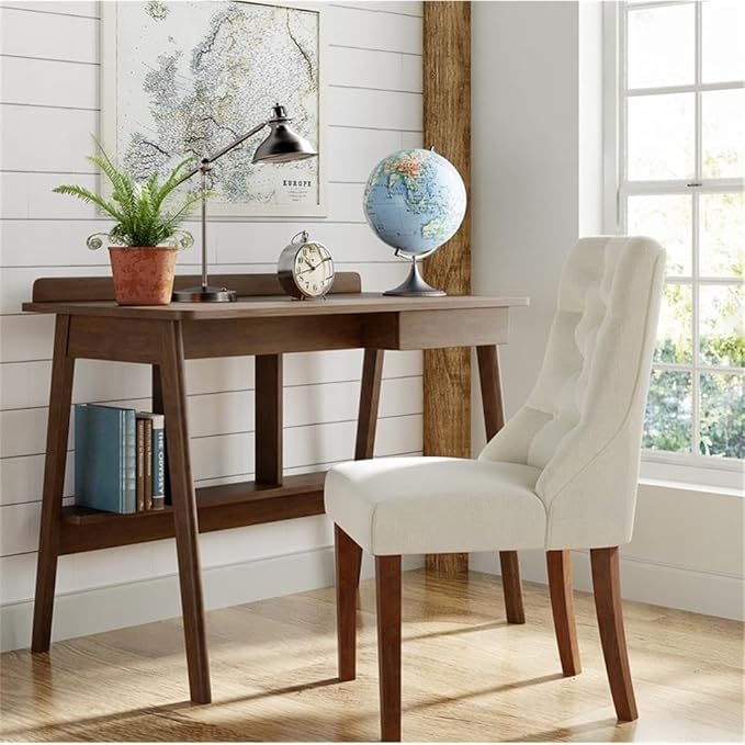UrbanPro Modern Writing Desk Brown Wood Finish Mid-Century Contemporary Design Slim Profile with Drawer and Shelf Functional Home Office Desk for Small Rooms or Apartments
