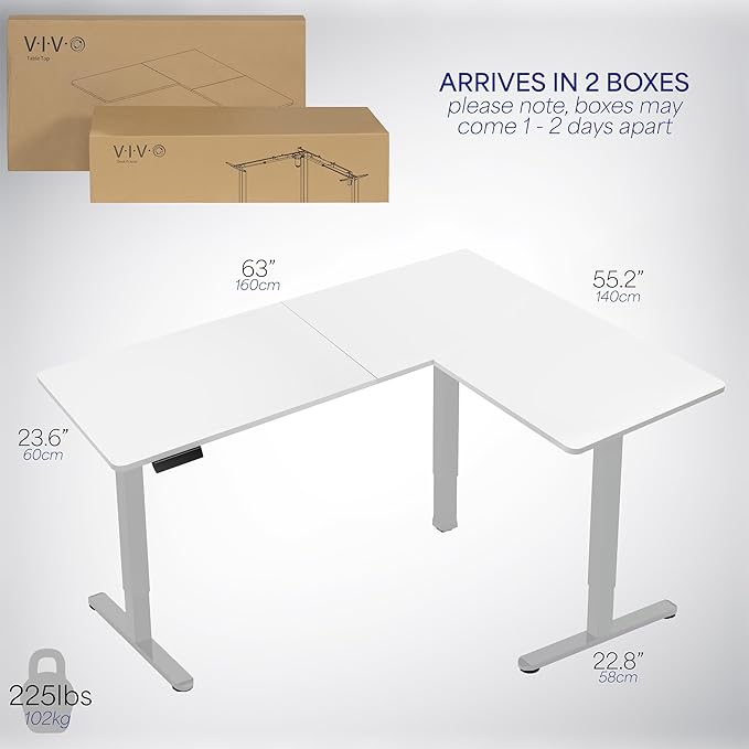 VIVO Corner Standing Desk 63 x 55 inch Reversible L-Shaped Workstation Electric Height Adjustment Home Office and Reception Rooms White Table Top Gray Frame DESK-E3CTGW