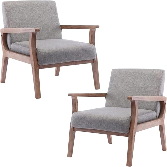 Mid Century Modern Accent Chairs Set of 2 Linen Upholstered Armchairs Comfy Living Room Chairs Single Fabric Lounge Chairs Reading Chairs with Solid Wood Frame Grey