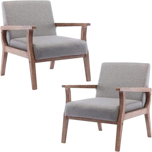 Mid Century Modern Accent Chairs Set of 2 Linen Upholstered Armchairs Comfy Living Room Chairs Single Fabric Lounge Chairs Reading Chairs with Solid Wood Frame Grey