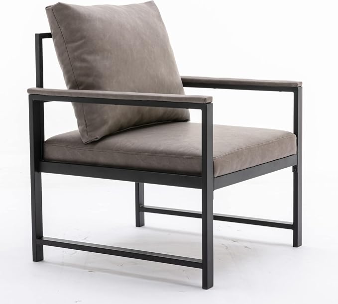 FurnitureModern Faux Leather Accent Chair with Black Powder Coated Metal e Single Sofa for Living Room Bedroom Gray