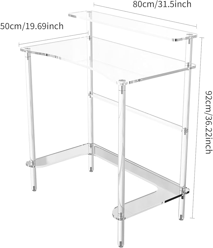 2Tier Acrylic Clear Desk 31.5x19.7x29.5 inch Computer Desk Home Office Desk Writing Table Furniture 0.47inch Thickness