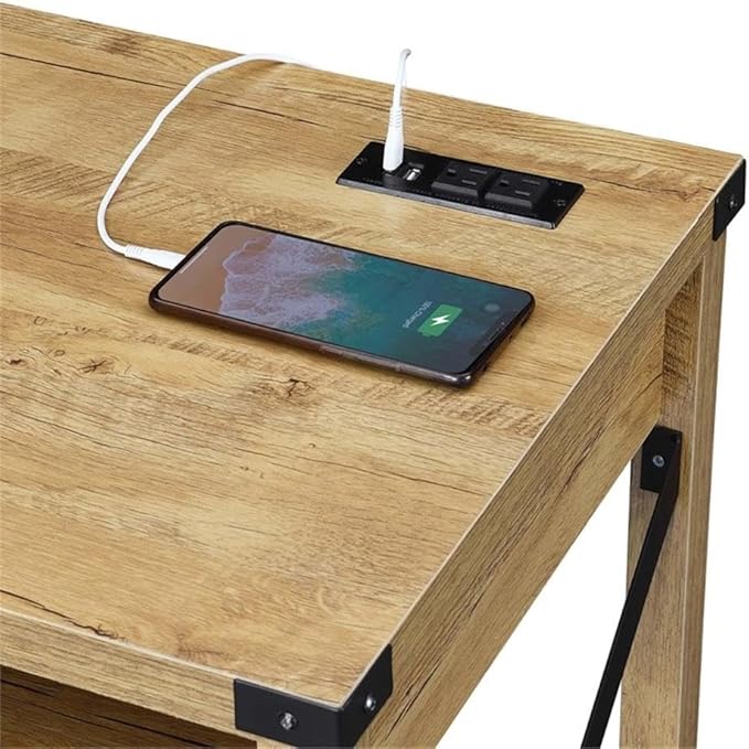 Pemberly Row 42-Inch Home Office Desk with Charging Station Light English Oak Wood Finish Black Metal Frame Built-in USB Ports and Outlets Durable Particleboard Construction Industrial Style