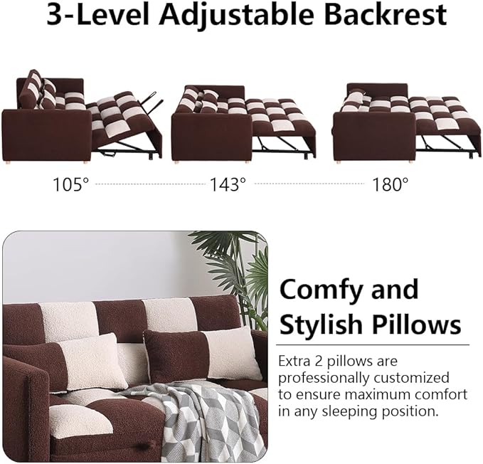 Convertible Sofa Bed - 53.5'' Loveseat Sleeper Sofa3-in-1 Teddy Velvet Pull-Out Bed with Adjustable BackrestMulti-Functional Lounge Chair for Living RoomSmall Space(Brown + Beige)