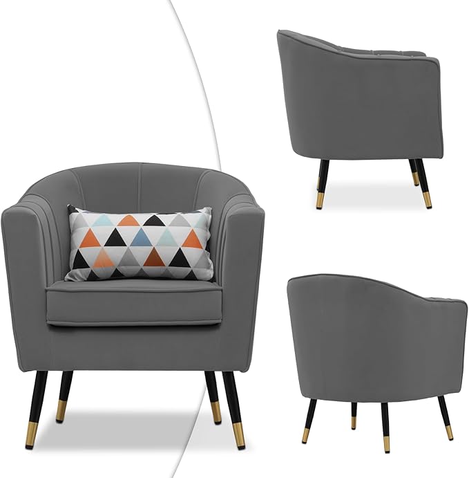 Magshion Barrel Accent Chair with Lumbar Pillow Modern Upholstered Armchair Ergonomic Single Sofa Chair for Living Room Bedroom Office 550 lbs Capacity - Gray