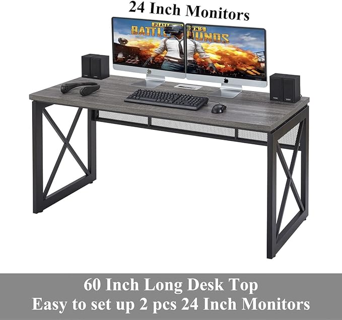 BON AUGURE Industrial Computer Desk Rustic Wood Desks for Home Office Sturdy Metal Writing Work Table (60 Inch Dark Grey Oak)