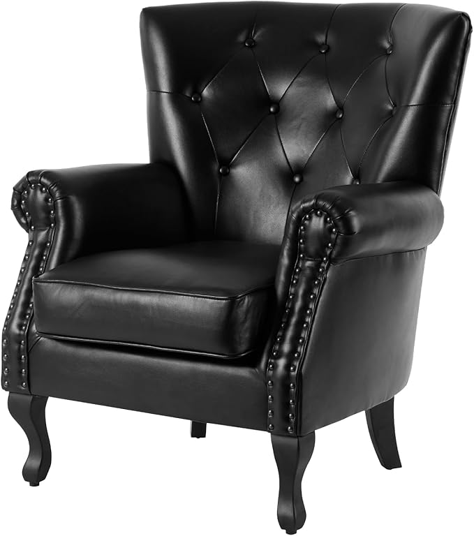Modern Faux Leather Accent Chair Upholstered Mid-Century Armchair with Solid Wood Legs Single Sofa Chair for Living Room Bedroom or Reading Room（Black）