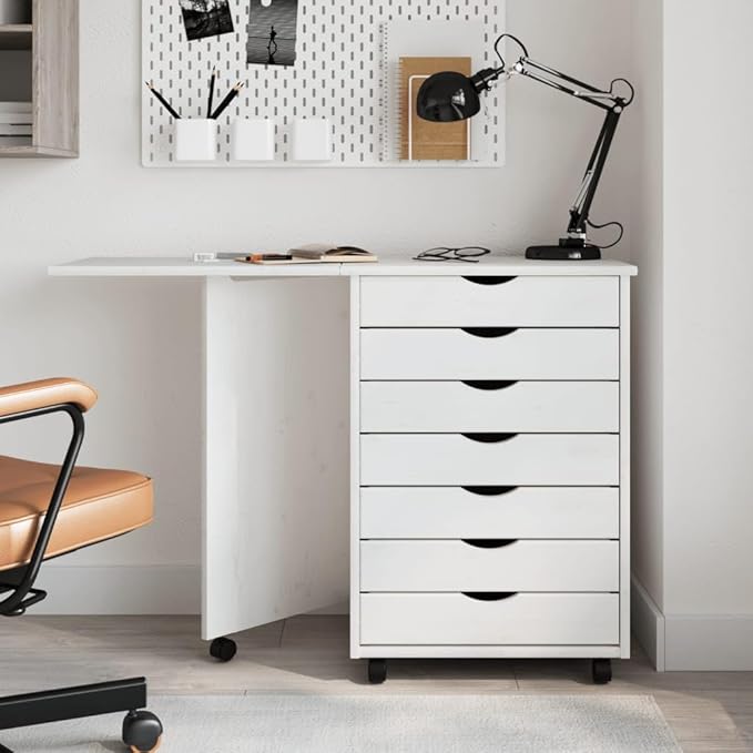 Foldable Design Rolling Cabinet with 7 Storage Drawers Mobile Home Office Study Writing Desk with Smooth Wheels Space Saving Compact Desk White