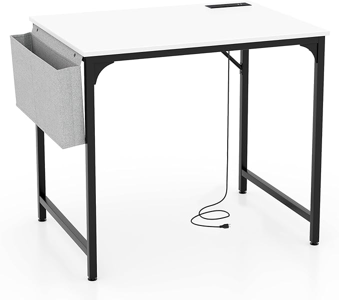 32 Inch Computer Desk Modern Writing Desk with Heavy-Duty Metal Frame Storage Bag &amp Charging Station Home Office Workstation Table for Conference &amp Meeting Room (1 White &amp Black)