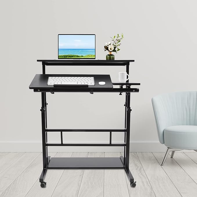 Mobile Stand Up Desk Adjustable Laptop Desk with Wheels Storage Rolling Table Cart for Standing or Sitting for Home Office Workstation Black 31.5 * 11.81