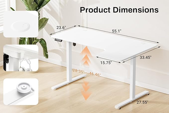 EcoZen Standing Desk Electric Height Adjustable Desk 55 x 33.5 Inches L Shaped Sit Stand up Desk Computer Home Office Desk Memory Preset with Two-Piece Fir Wood Desktop (White 55 * 33.5 Inch)
