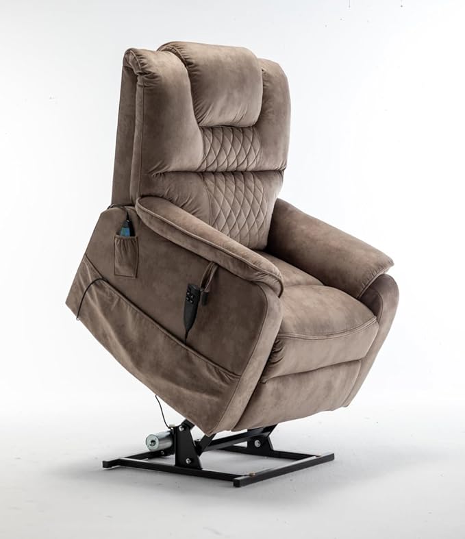 Oversized Power Lift Recliner Chair with 25 Extra-Wide Seat for Big Elderly Adults 180 Degree Lay Flat Electric Lounge Sofa Chair with Massage &amp Heat for Living Room Bearing 400LBS Beige+Brown