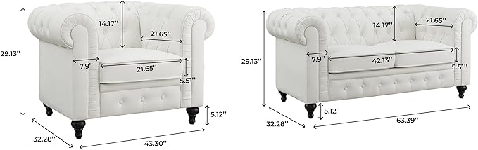 Naomi Home Emery Chesterfield Love Seat Loveseat Sofa &amp Accent Chair w/Rolled Arms Tufted Cushions Solid Wooden Legs Deep Seating Comfy Bedroom Living Room Reading Chair Tool-Free Assembly White