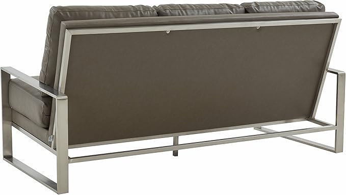 LeisureMod Jefferson Modern Leather 3-Seater Sofa with Silver Frame – Luxury Contemporary Living Room Couch Plush Upholstered Mid-Century Style Comfortable Lounge Seating (Grey) | MODERN SLED BASE