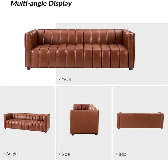 HULALA HOME 83 Genuine Leather Sofa with Channel Tufted Design 3-Seater Sofa for Living Room Bedroom Modern Oversized Couch with Wood Legs Brown