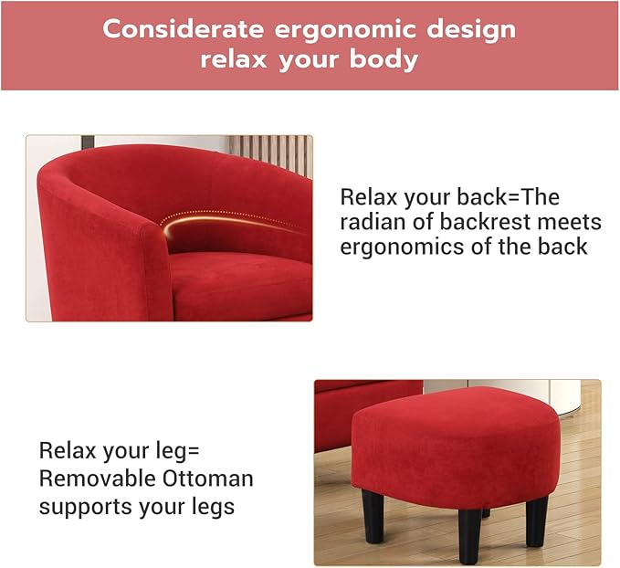INZOY Modern Accent Chair with Ottoman Upholstered Barrel Reading Chair with Foot Rest Comfy Fabric Armchairs for Living Room Bedroom Small Spaces Easy to Assemble (Red)