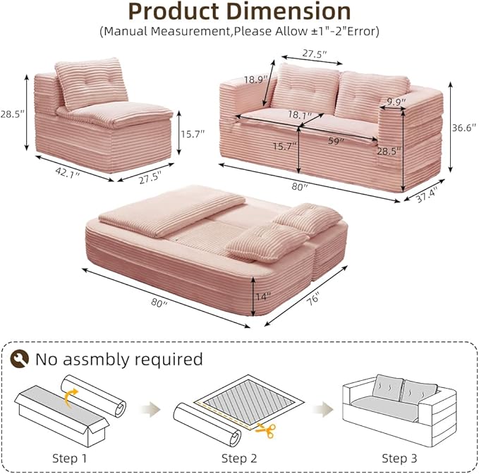 2 Pieces Sofa and Loveseat Set 80'' King Size Folding Sofa Bed with Chaise Lounge 2-in-1 Convertible Floor Sofa Bed Corduroy Boneless Couch Memory Foam Couches for Living Room Pink