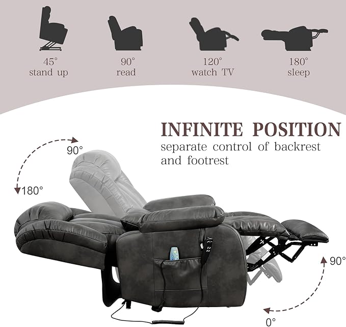 Infinite Position Lay Flat Lift Recliner Chair for Adults Dual Motor Power Lift Chair for Elderly with Massage &amp Heating USB Ports Remote Control &amp Lumbar Pillow Leather (Silver Grey)