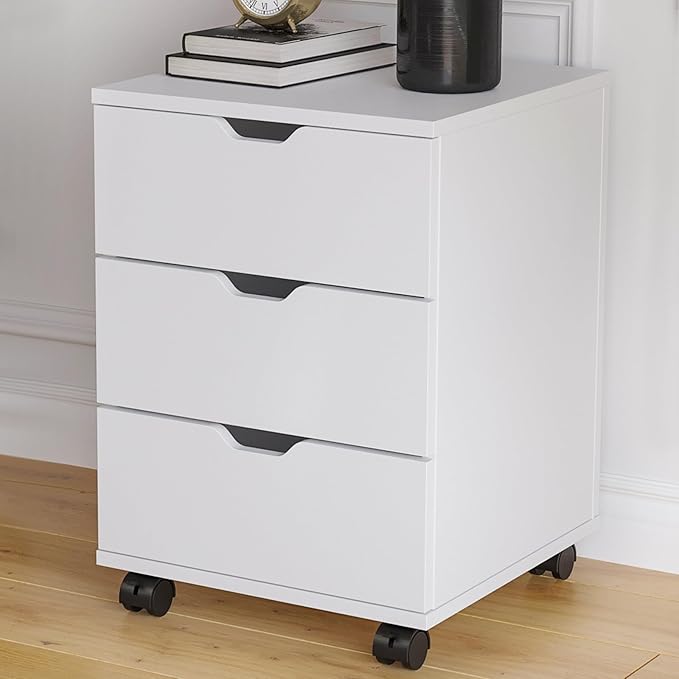 Vertical File Cabinet 3 Drawer Mobile File Cabinet Under Desk Wooden Filing Cabinet Storage Organization Filing Cabinet with Wheels for Home Office (White)