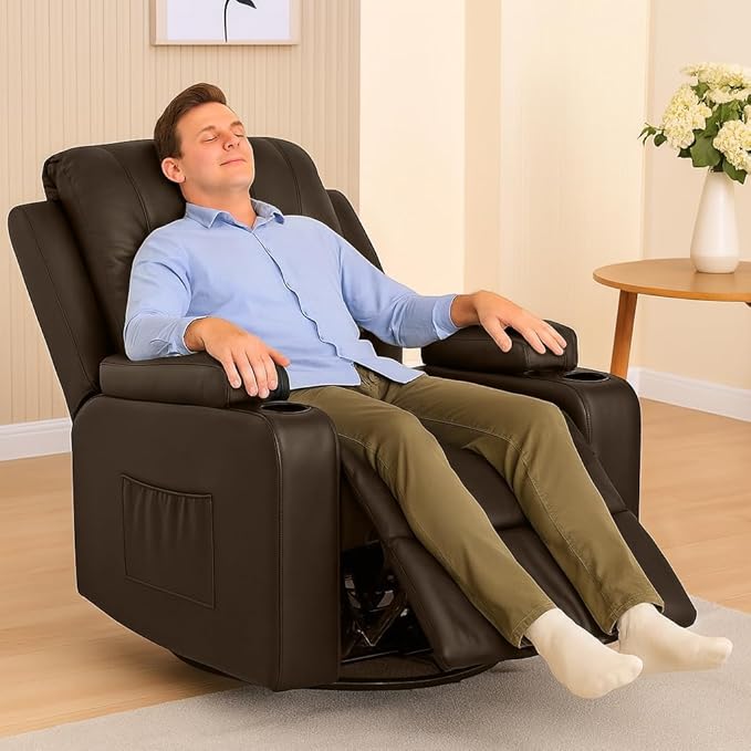 COMHOMA Recliner ChairPU Rocking Chair for AdultsSwivel Recliner with Cup HoldersSingle Sofa Seat with Side Pockets for Living RoomBedroom(Brown)