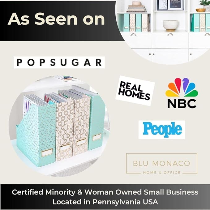 BLU MONACO | Set of 4 Foldable Pink &amp Aqua Magazine File Holders with Gold Geometric Patterns | Vertical File Organizer Boxes with Gold Label Holders for Home &amp Office