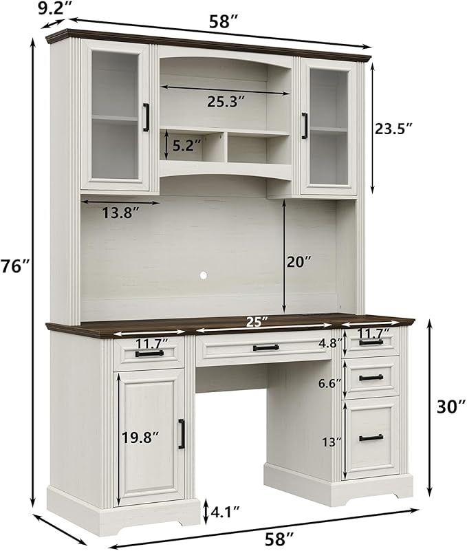 Furniouse Farmhouse 76 Height Executive Desk with Hutch Office Desk with Charging Station Drawers and Storage Cabinet Workstation for Office Home Brown Tabletop Off White