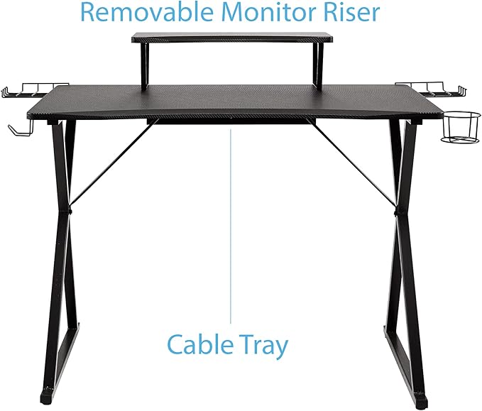 Seville Classics airLIFT Computer Writing Desk w/ Headset Cup Speaker Holders Monitor Riser Table Modern Work for Home Office Workstation Black 42 Carbon Fiber X Frame