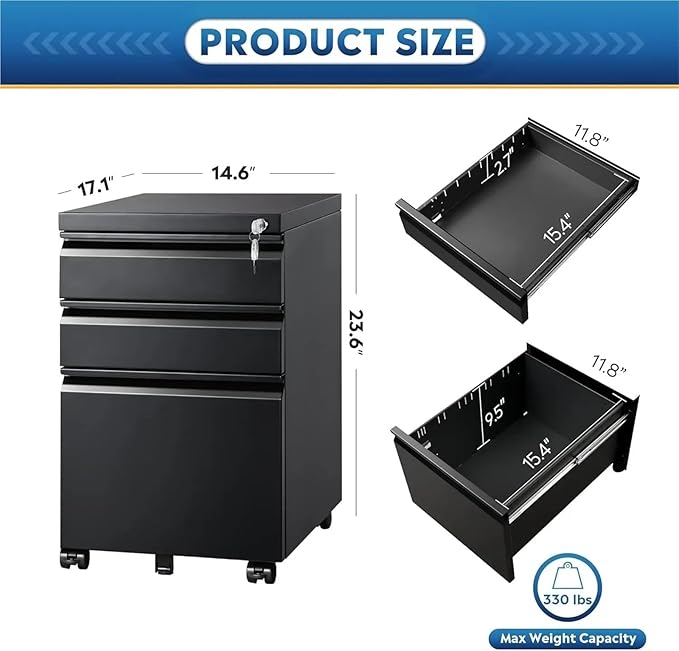 Mobile File Cabinet 3 Drawer Mobile File Cabinet with Lock Under Desk Metal Filing Cabinet for Legal/Letter/A4 File Fully Assembled Except Wheels
