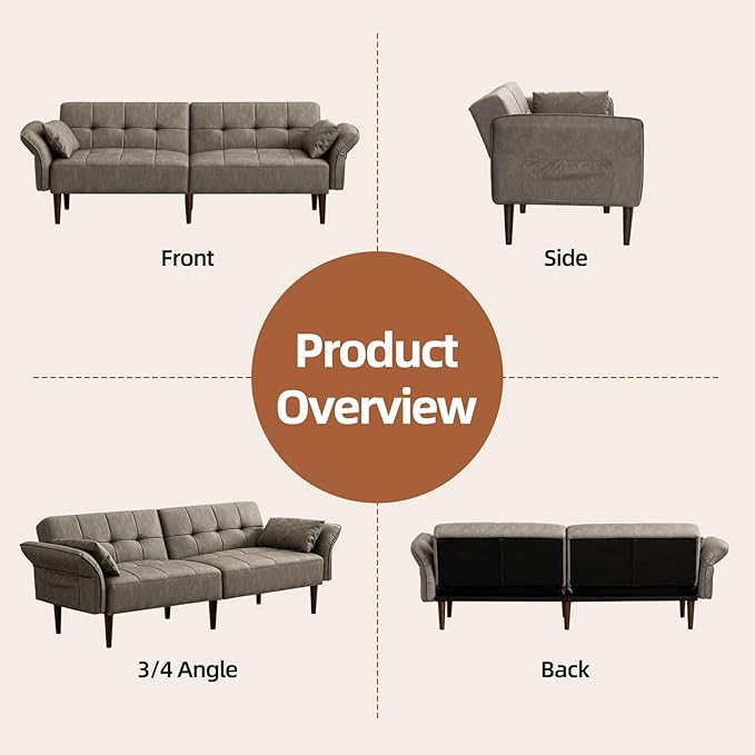 Futon Sofa Bed Sleeper Sofa Small Couch with Storage Adjustable Armrests Pillows Faux Leather Loveseat Mid Century Modern Couches for Living Room Bedroom Apartment Grey