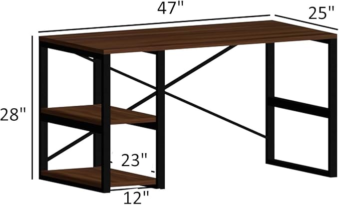 Sage Black Metal &amp Wood Desk - 47 Writing Desk with 2 Shelves Home Office Desk