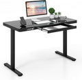 Tangkula Glass Standing Desk with Drawer 48” x 24” Height Adjustable Electric Stand Up Desk with Tempered Glass Top Sit Stand Desk with Memory Positions &amp USB Type-C Outlets for Home Office (Bla