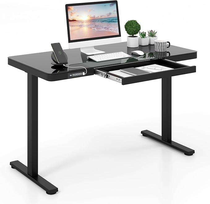 Tangkula Glass Standing Desk with Drawer 48” x 24” Height Adjustable Electric Stand Up Desk with Tempered Glass Top Sit Stand Desk with Memory Positions &amp USB Type-C Outlets for Home Office (Bla